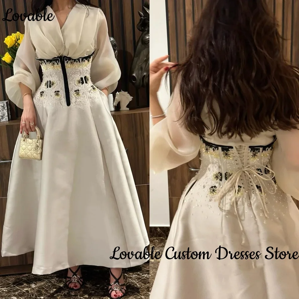 

Customized A-Line Prom Dress V Neck Long Sleeve Customized Party Evening Gown Beaded Ankle Length Formal Occasion Gowns