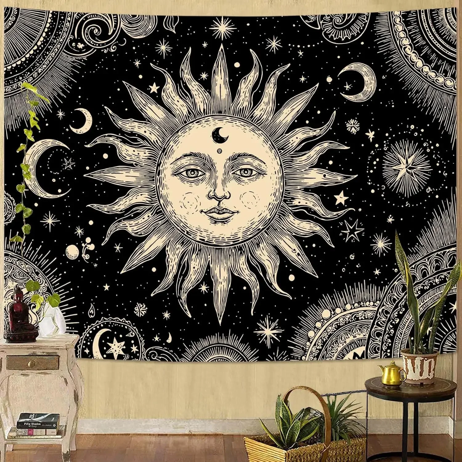 Tapestry Vintage Celestial Sun Moon Tapestries Starry Sky Wall Hanging Mystical Astrology Line Art Decor Bedroom Dormitory