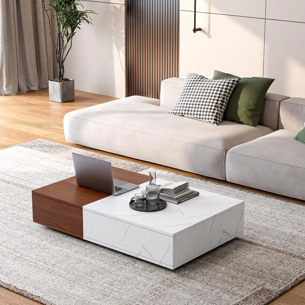 

Modern Walnut Coffee Table with Marble Finish Two Storage Spaces Two Color Patchwork Design
