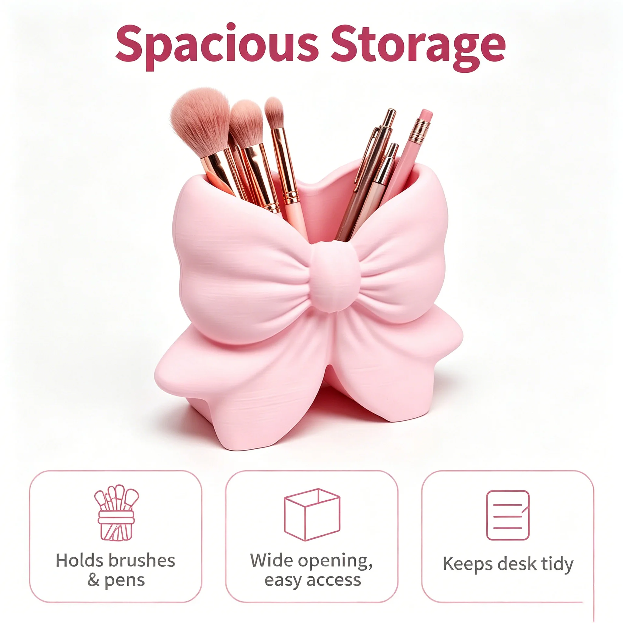 Cute Bow Makeup Brush Holder Bow Storage Organizer for Vanity Desk Pink Matte Pen Pencil Holder Decorative Gift for Women Girls