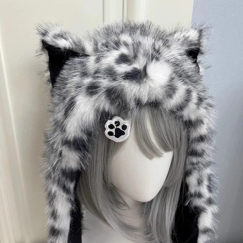 Autumn Winter Hat Women Handsome Snow Leopard Ear Warm Cute Outdoor Ear Protection Cap Fluffy Wool Warm Yak Ear Bomber Hats view 2
