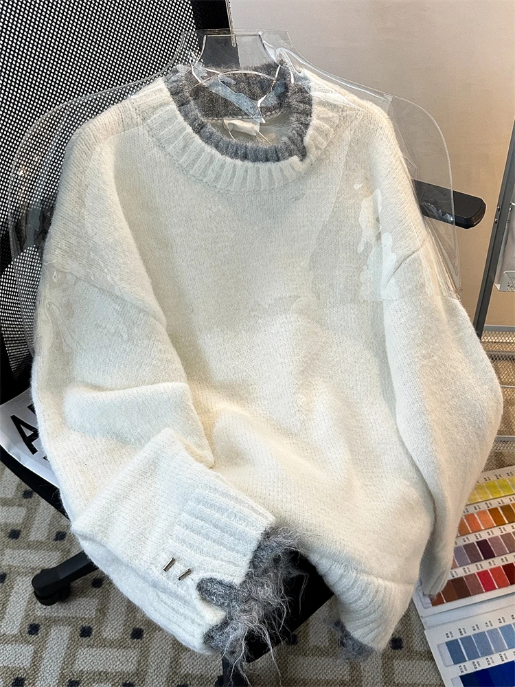 Stylish Lazy round Neck Knitted Sweater Fake Two-Piece Men's Autumn Winter Fashion Casual Trendy Long Sleeve  Color Top