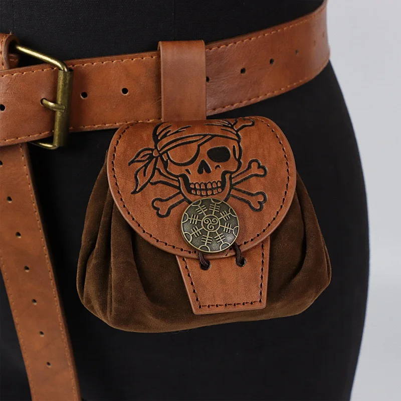 Pirate Skull Crossbones Belt Pouch,Medieval Vintage Drawstring PU Leather Waist Bag,LARP Renaissance Cosplay Prop,Halloween Carn