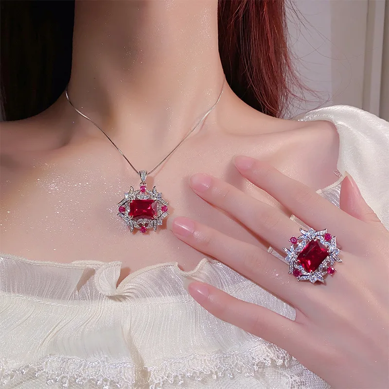 

Jewelry Set Red Corundum Necklace Zircon Ring for Women European and American Style Artificial Crystal Blue Spinel Necklace
