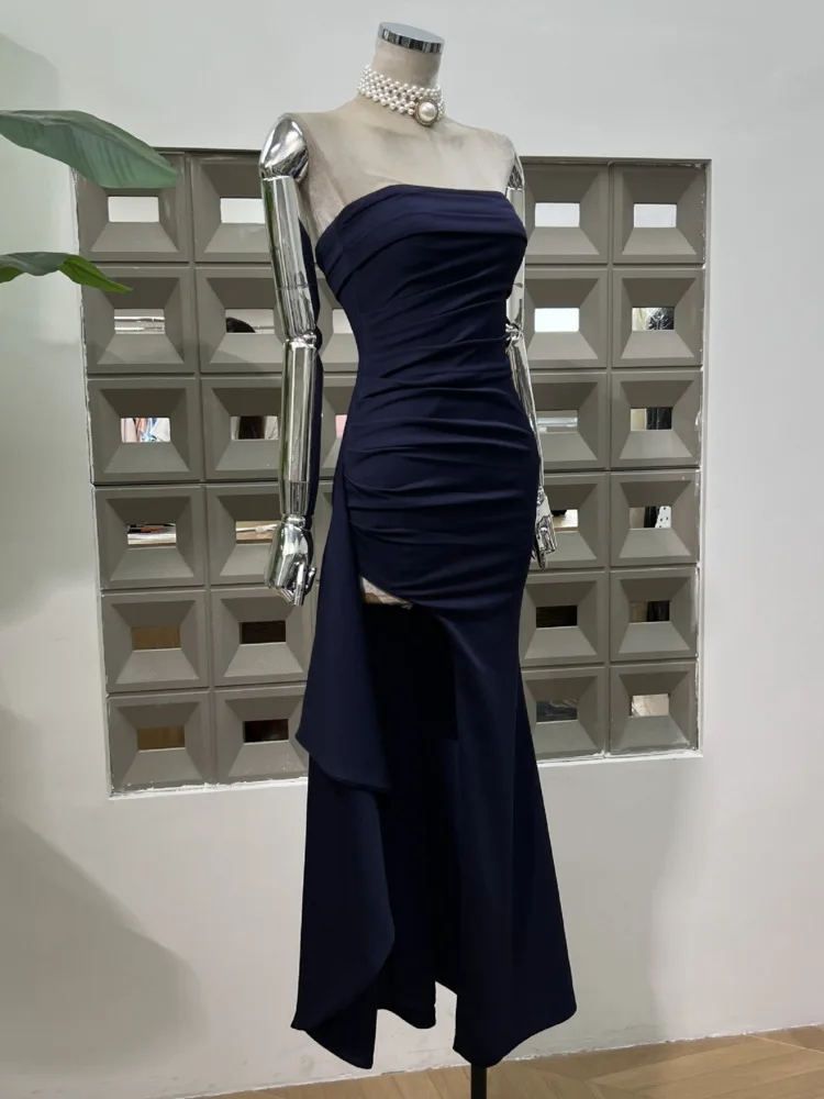 DFDG 2025 Wiosna Lato Damska Asymetryczna Sukienka Plisowana Seksowna Sukienka z Wysokim Rozcięciem typu Tube, Dopasowana, na Wesele, Koktajl, Imprezę Formalną