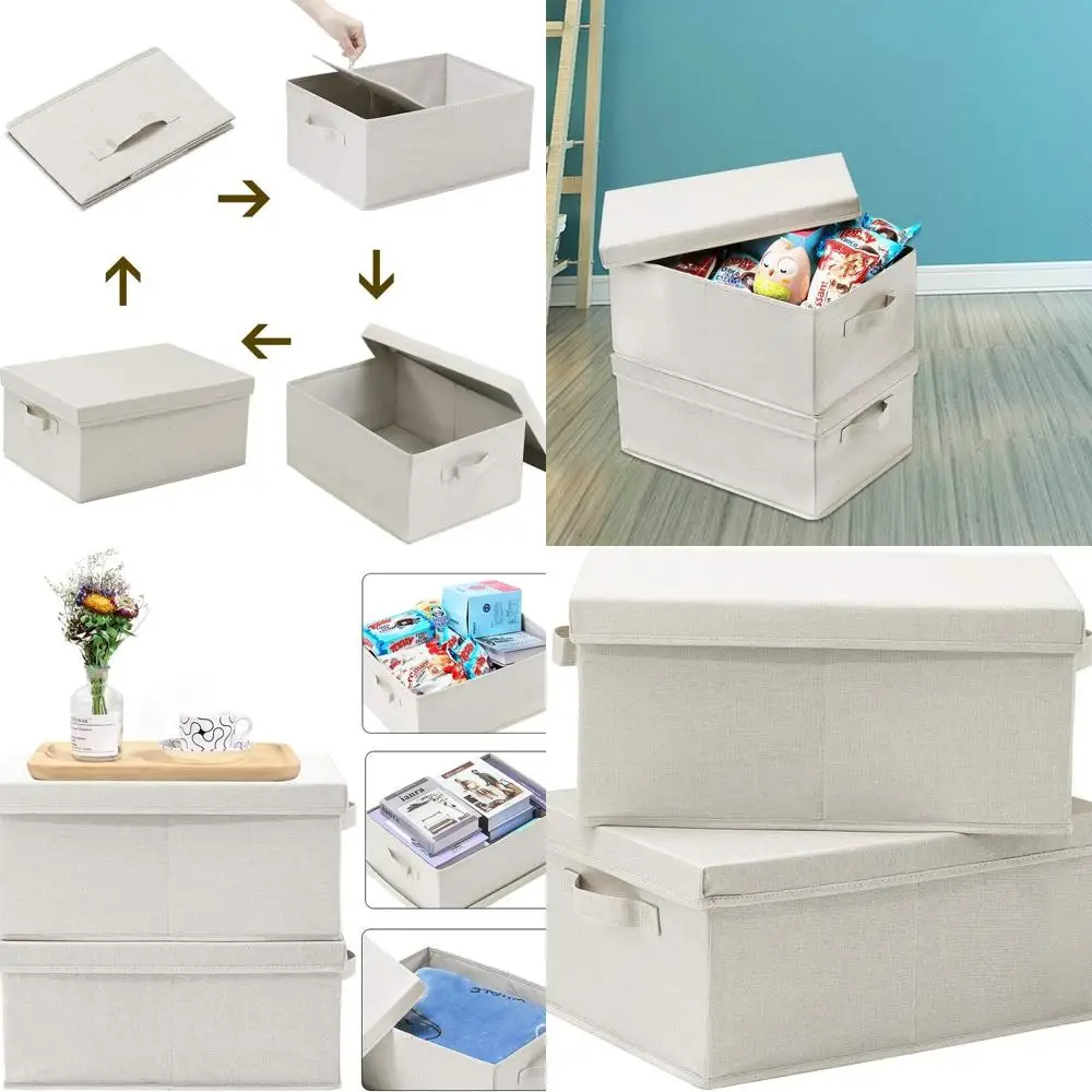 

Складные ящики для хранения с крышками и ручками, упаковка из 2 штук, прочный картон, 16,5x11,8x7,5, идеально подходят для обуви, книг, одежды, линии