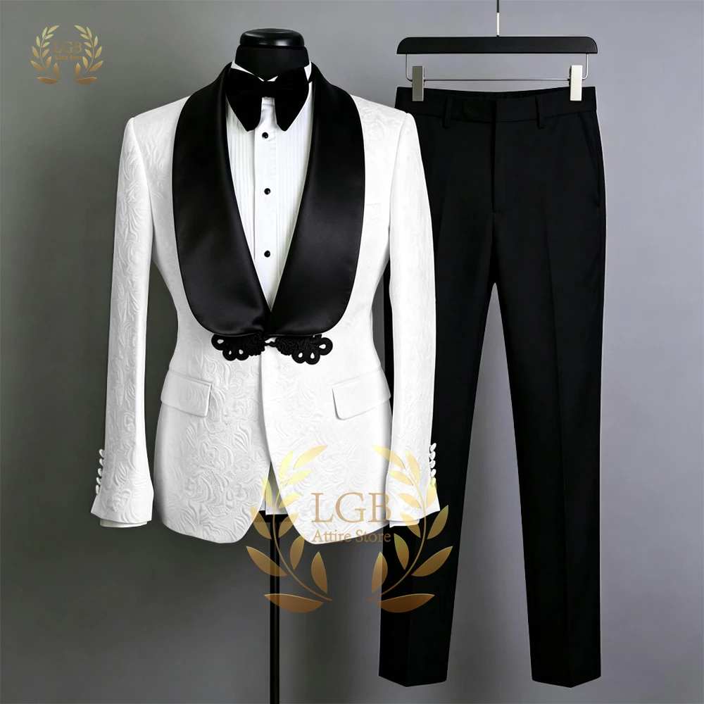 

Men's Beige Double Breasted Suit Jacket 2 Button Blazer with Black Trousers Formal Wedding Business Two Piece Set