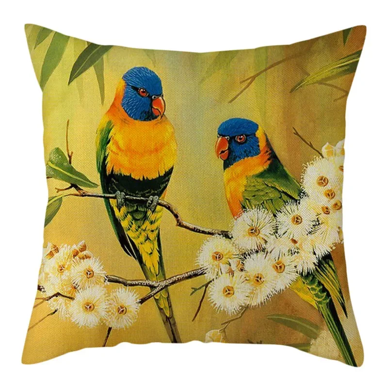 Colorful Bird Magpie Printed Cushion Cover Cotton Linen Decorative Pillow Cover Flora and Fauna Pillowcases for Home Chair Sofa