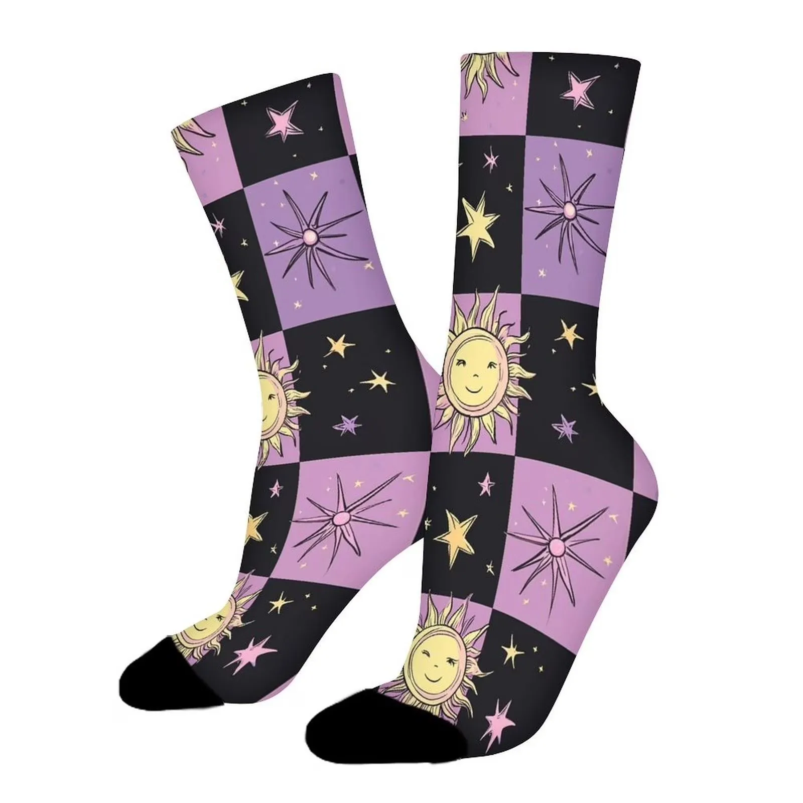 Celestial Sun Star Checkerboard Crew Socks for Women Men Novelty Casual Sports Socks