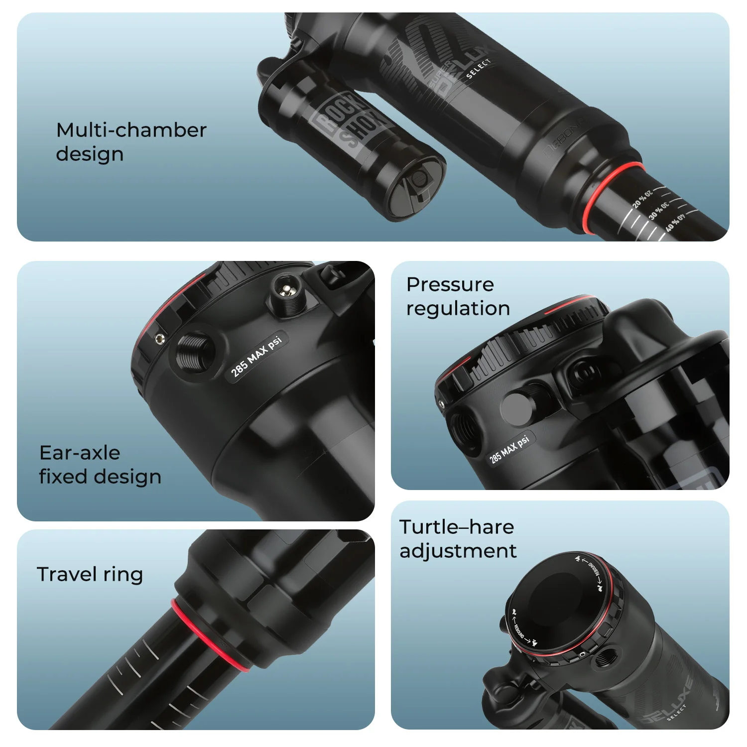 Rockshox Super Deluxe Select Bicycle Rear Shock 225x75mm Max Air 285psi MTB Downhill Air Shock 12.7mm Eyelet Rebound Compression