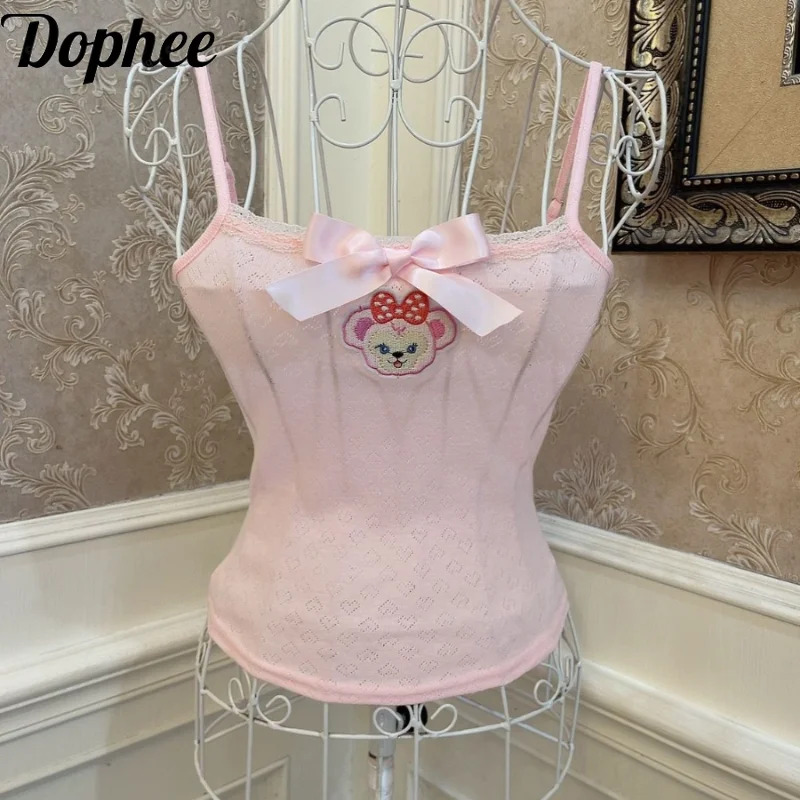 

Dophee Original Cute Bear Embroidery Women Tanks Cute Bow Midriff-baring Slimming Crop Top Young Girl Princess Pink Camisole