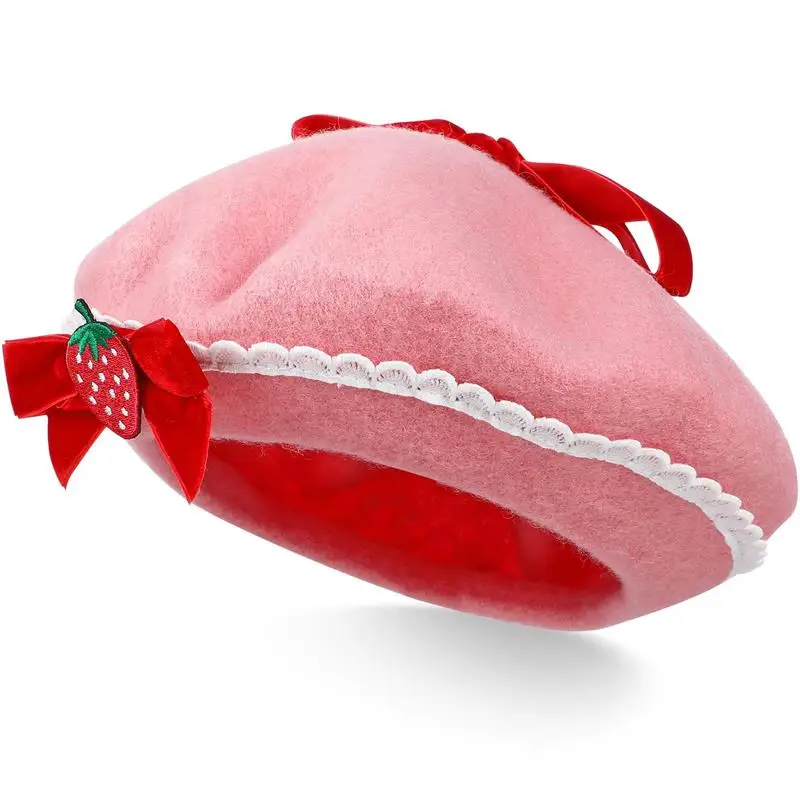 

Women Beret Hat Strawberry Bow Decorative Beret Cap French Style Wool Warm Beret Clothing Accessory