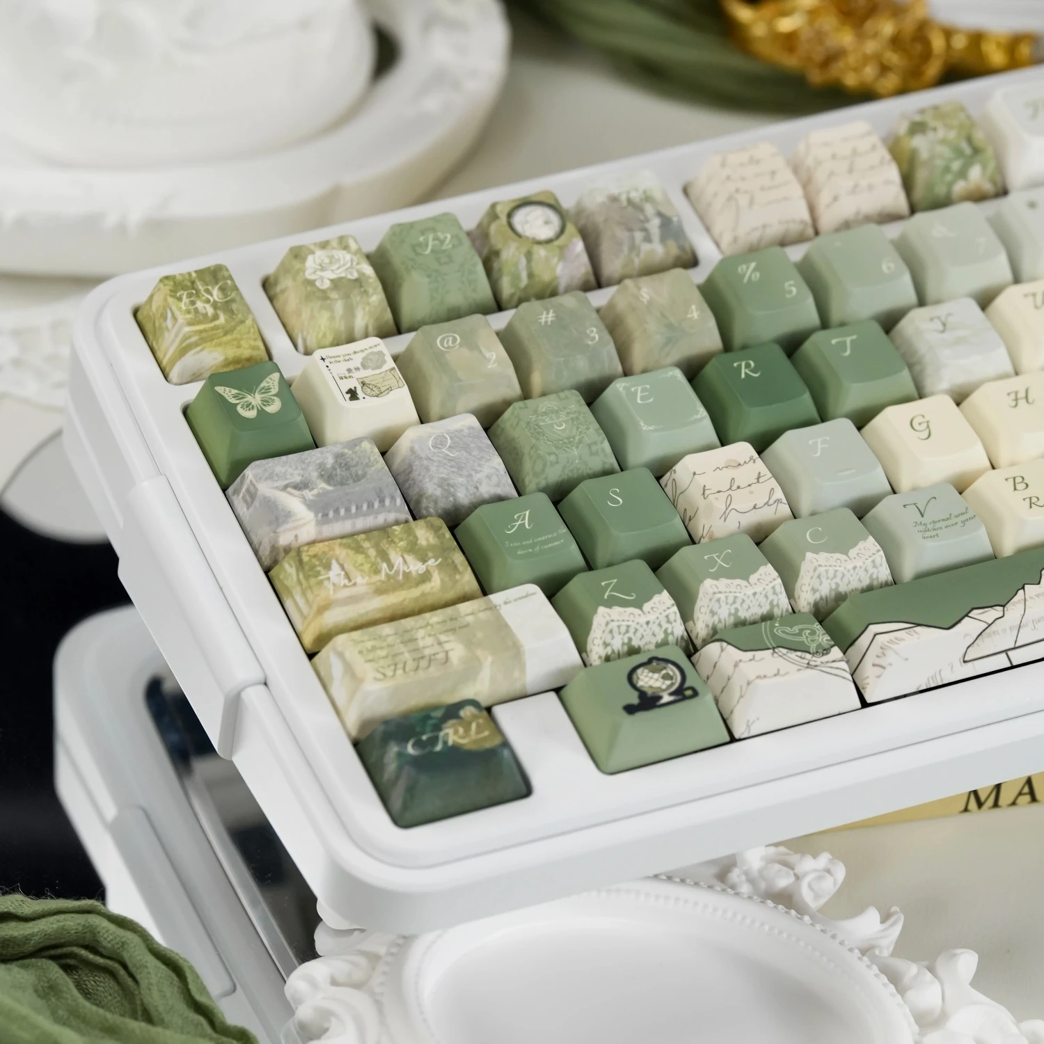 MAIMOOO French Style Retro Green Keycap Cherry Profile Muse's Love and Compassion PBT Custom Keycaps for MX Mechanical Keyboard