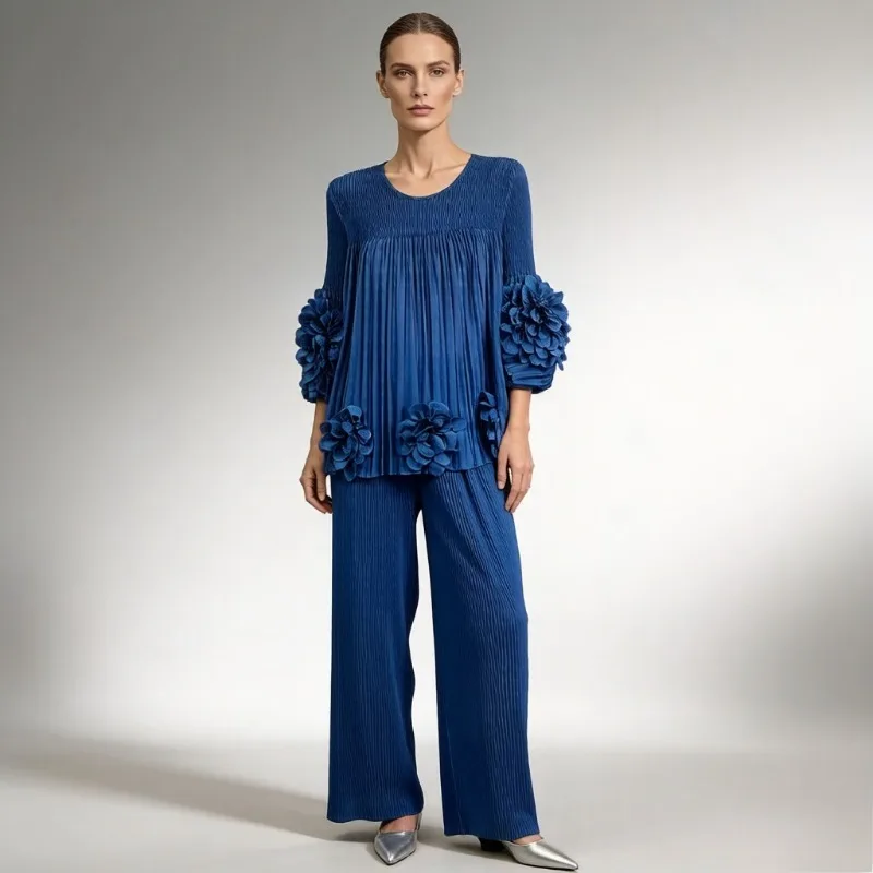 

Miyake Pleated Pants Set 2026 Summer New Pleats Solid Hand-Cranked Flower 2-Piece Set Womens Casual Top+Loose Straight Pants Set