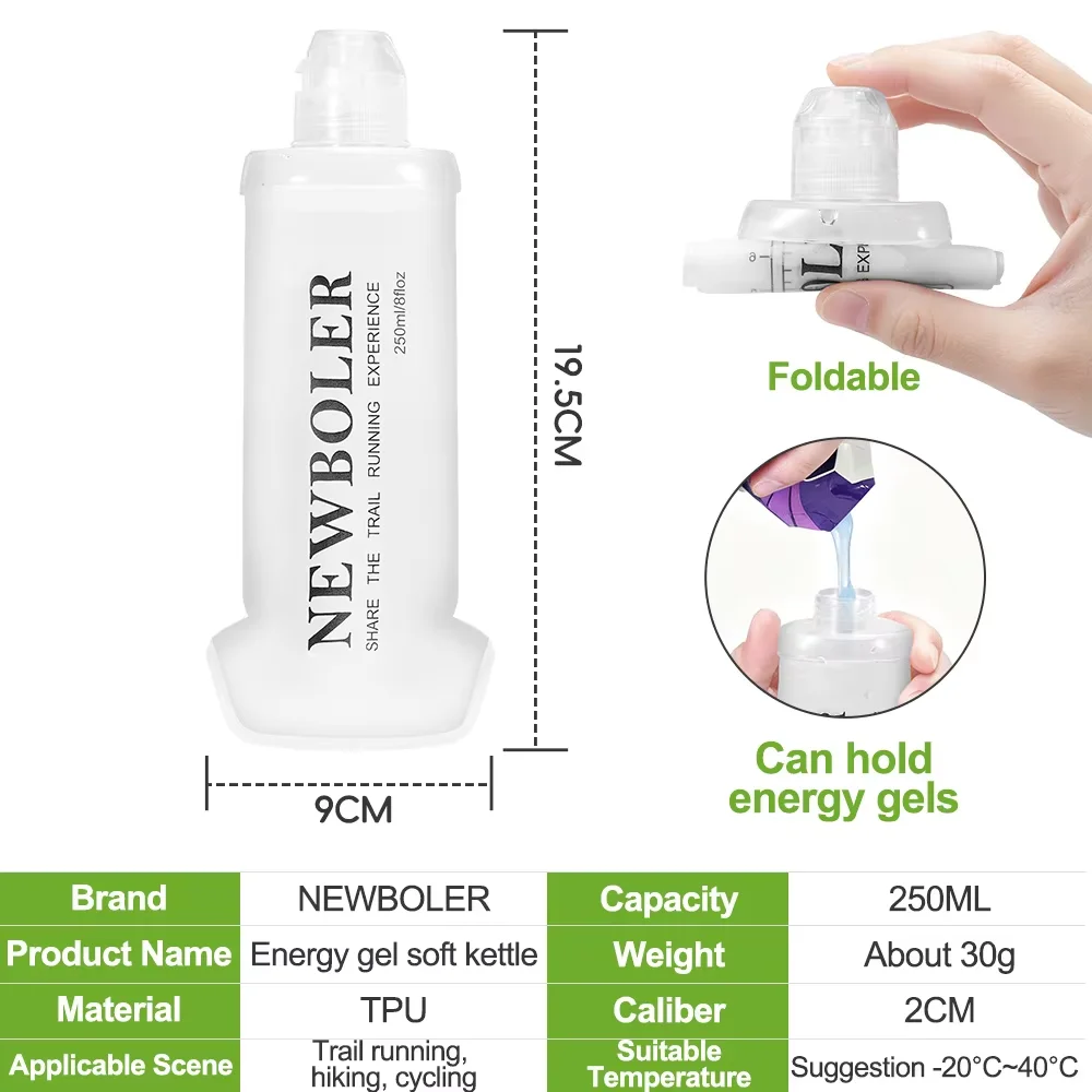 NEWBOLER TPU Outdoor Sport Bottle Folding Soft Flask Water Bottle for Running Camping Hiking Bicycle Fitness Water Bag 250ML