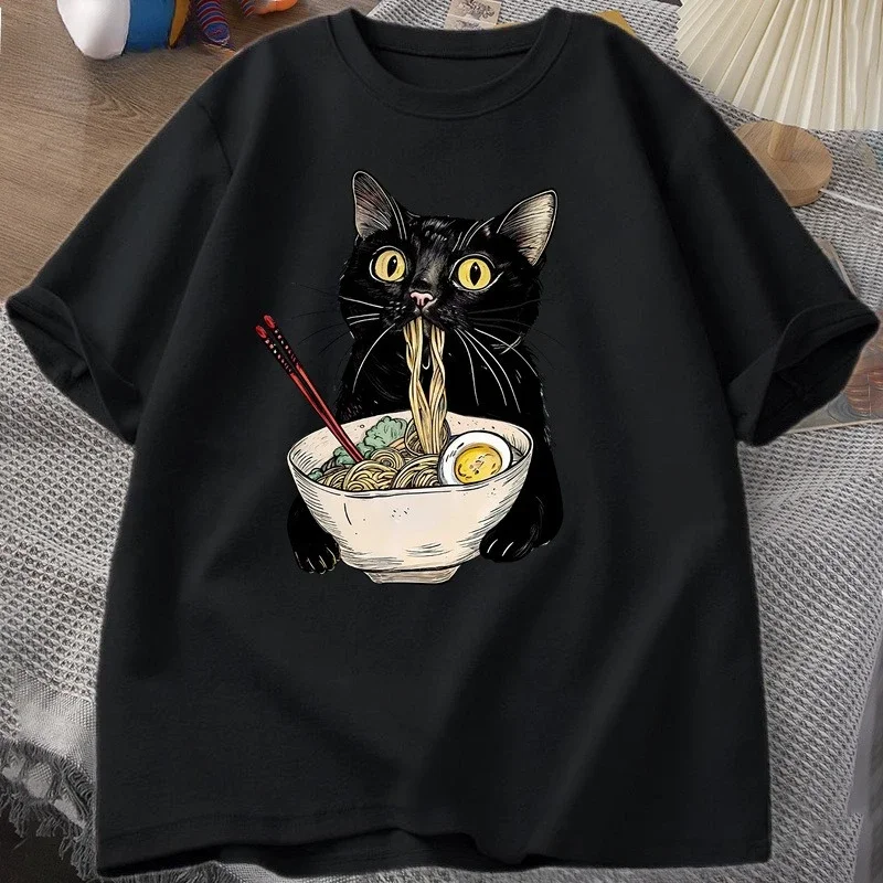 

Футболка Chat Ramen Nouilles Chat Noir Gourmandes Coton Vintage 100% Imprimé Manches Courtes Décontractées