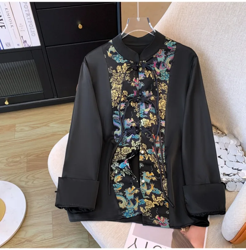 Satin Chinese Style Women\'s Shirt Loose Print Blouses Fashion Spliced Clothing Long Sleeves Spring/Summer Women Tops