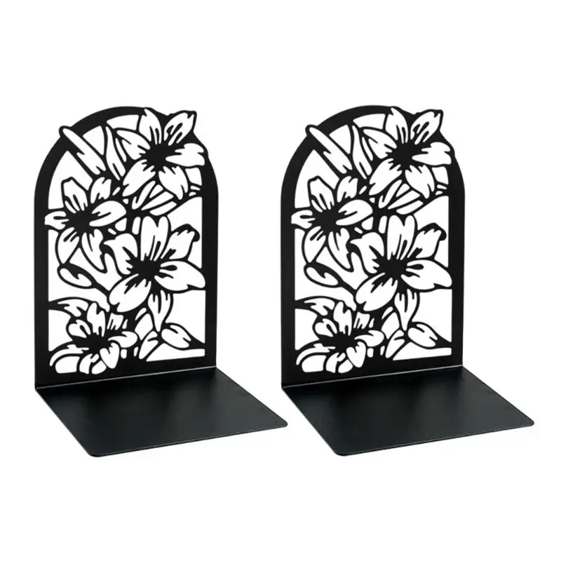 31BA Arched Floral Cutout Bookends for Shelves, L-Shaped Metal Book Supports for Organized Books, Files, Albums, and Magazines