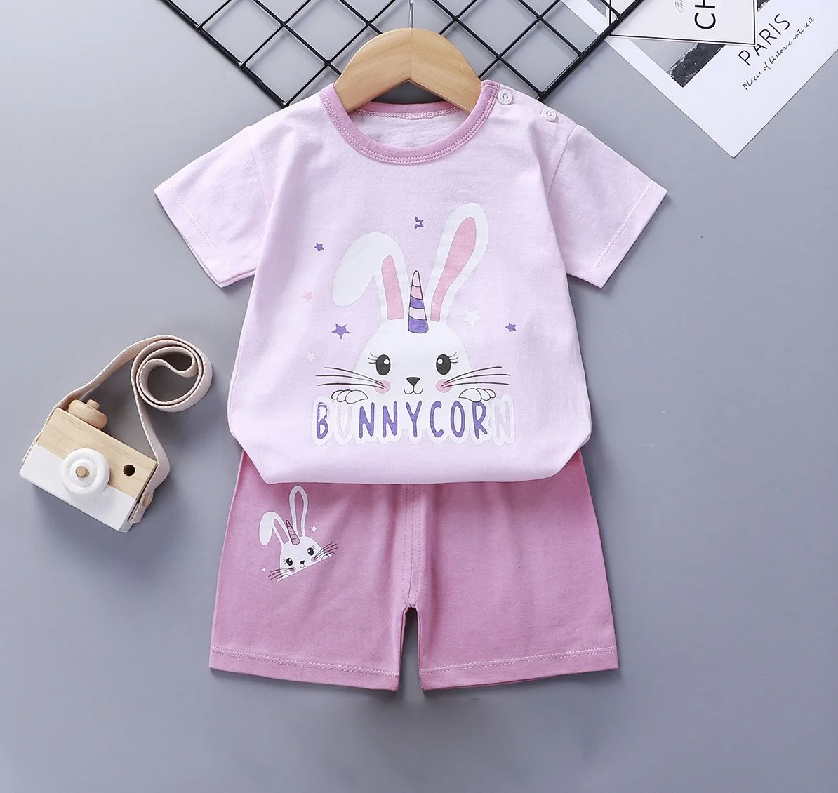 Children's Summer Cotton Short Sleeve Suit Korean Baby Clothes Boys and Girls Cute Cartoon Rabbit Dinosaur Monkey T-shirt Shorts