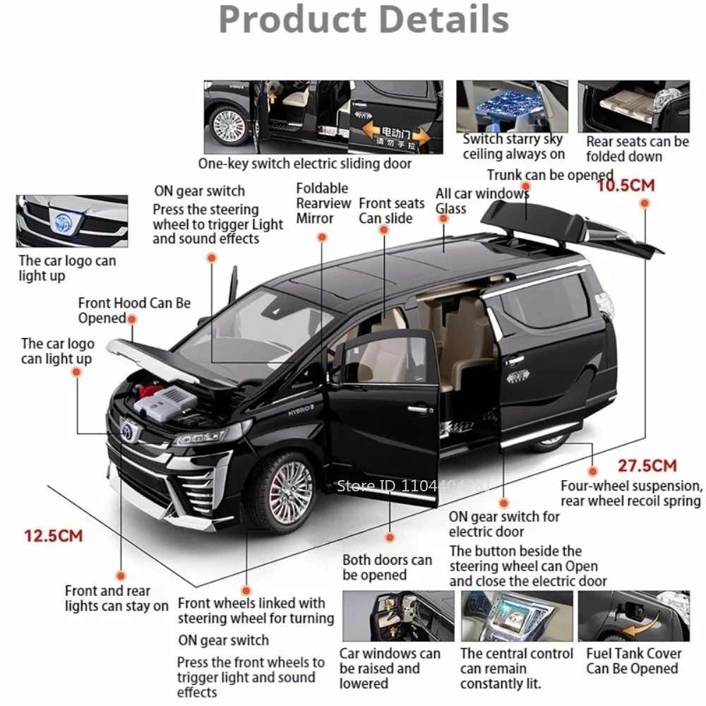 1:18 Vellfire LM300 Alloy MPV Model Diecast Car Toys Sound Light Pull Back Doors Opened Miniature Vehices Christmas Gift for Boy