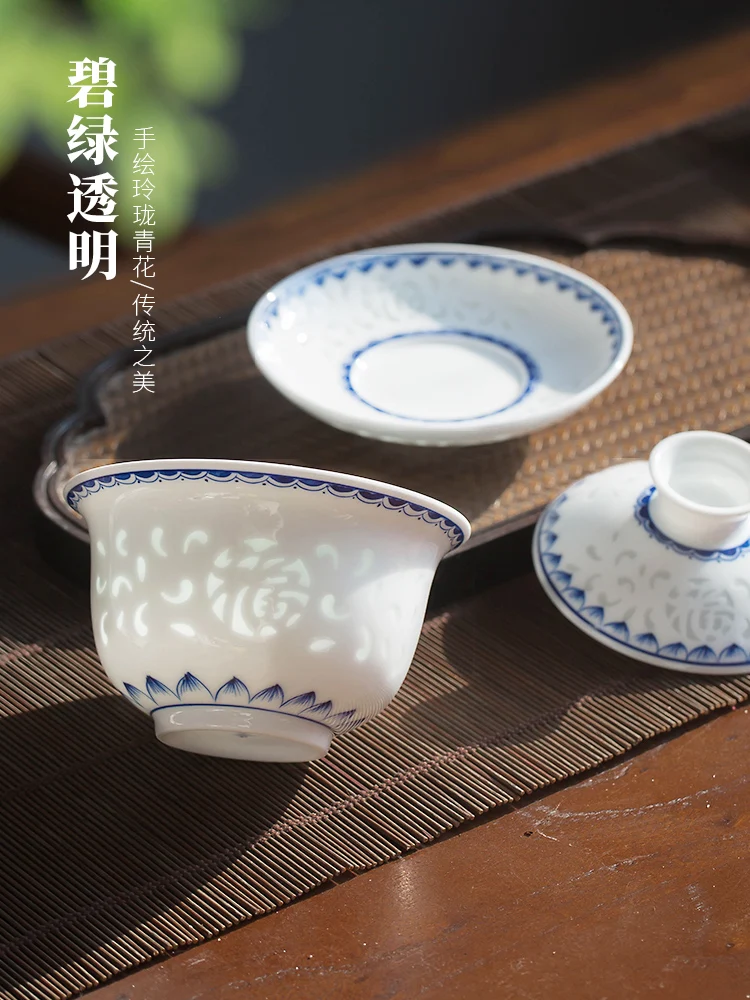 Rice-Pattern Decorated Porcelain Cover Teacup Non-Scald Household High-End Hand Painted Blue White Ceramic Three Pieces Gaiwan