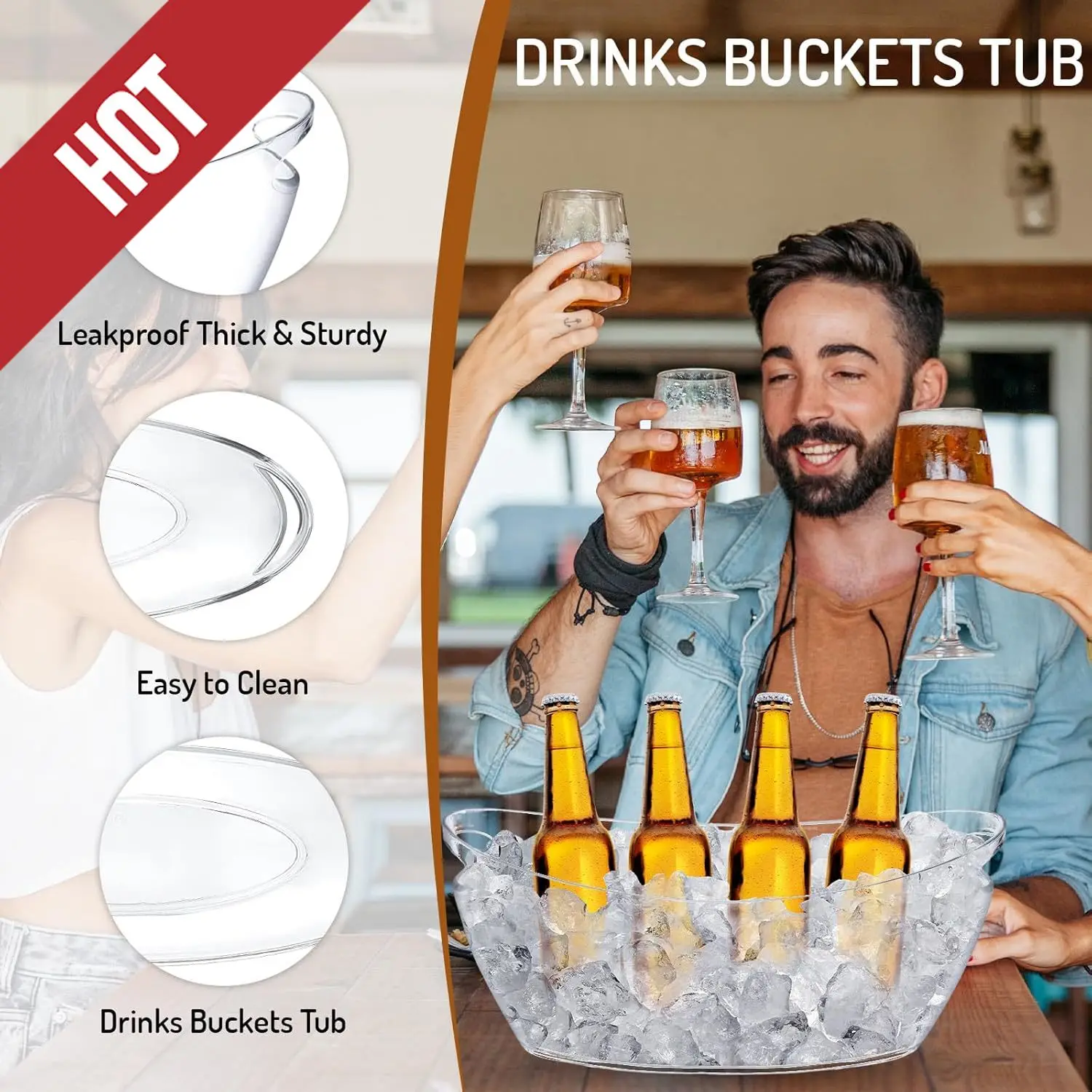 

3 шт., 6 л, прозрачные ведра для льда с 3 лопатками и металлической открывалкой для бутылок вина, большое пластиковое ведро для льда, ванна для шампанского, настраиваемая