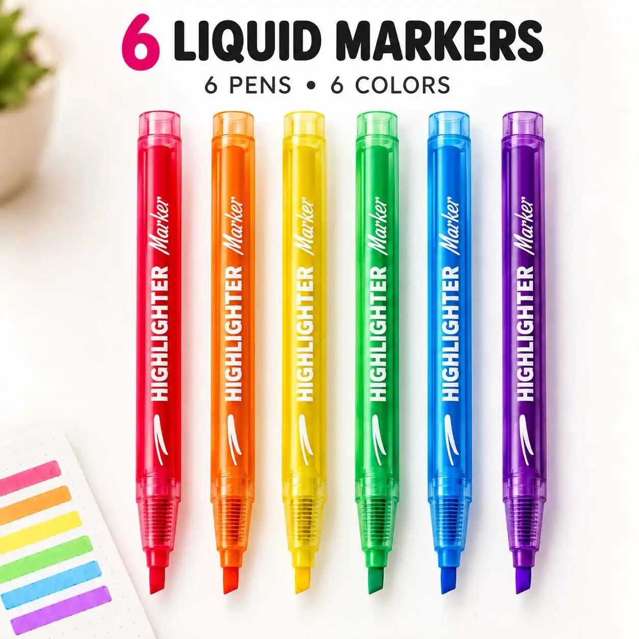 6pcs Liquid Highlighter Marker Pens Set Clear View Barrels Chisel Tips Six Assorted Colors for Notes and Study