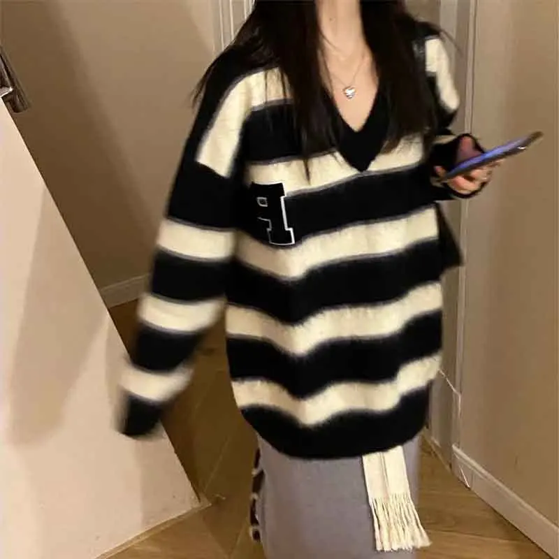 Y2K Fall Women Striped Sweater Oversized Korean Long Sleeves V Neck Knit Pullovers Winter Warm Loose All-Match Jumpers New