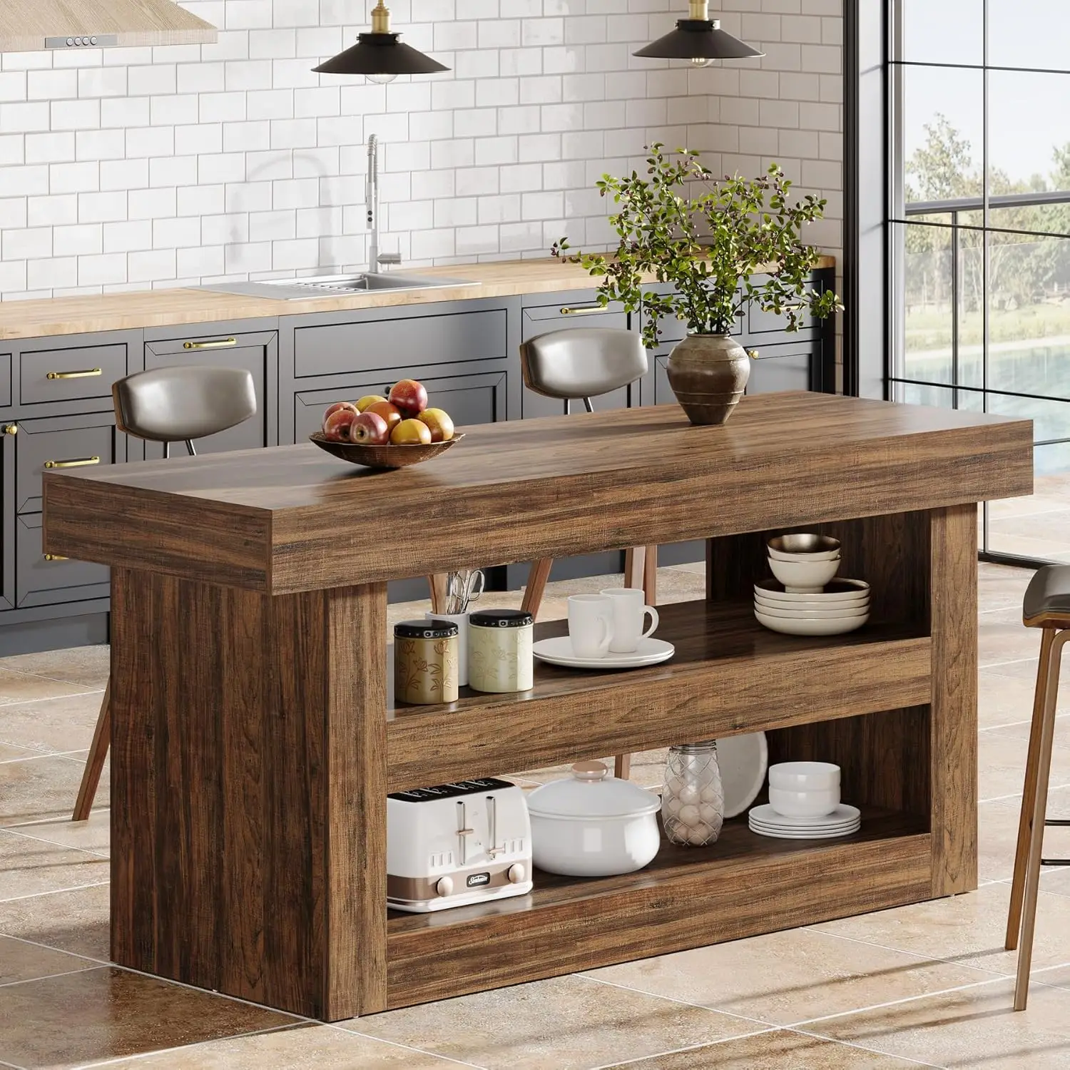 

55-Inch Kitchen Island with Storage, Farmhouse 3-Tier Stationary Island Table with Large Countertop, Wooden Coffee Bar T
