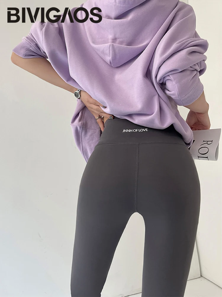 BIVIGAOS Legging Wanita Gambar Huruf Hiu Kopi Legging Kasual Hitam Tipis Musim Semi Musim Panas Legging Olahraga Kebugaran Mulus Ramping