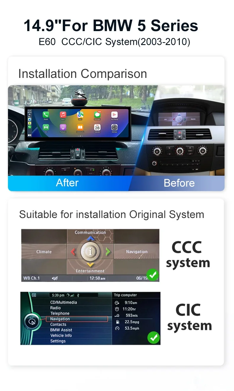 

14.9 " Car Radio For BMW 5 Series E60 E61 E62 2004-2010 Touch Stereo Screen Android 14 Multimedia GPS Video Player Dual system
