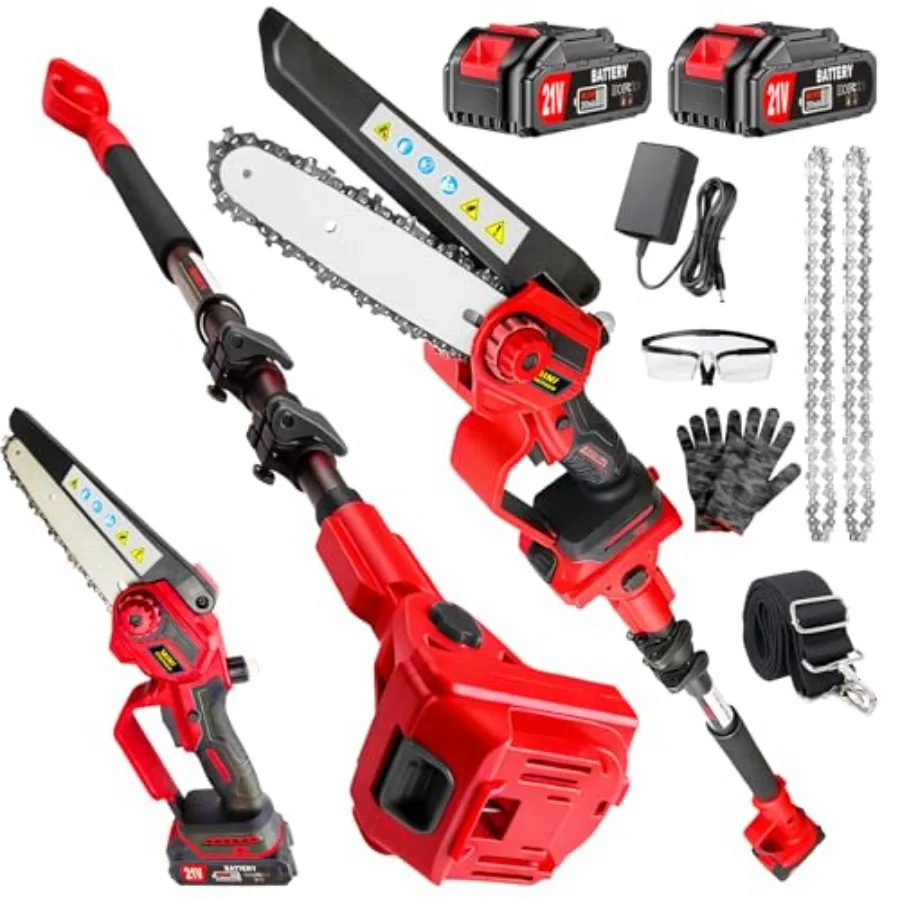 

2-in-1 Electric Pole Saw 6 Inch Cordless Mini Chainsaw for Tree Trimming: Aluminum Extension Pole Red Lightweight with 2 Batter