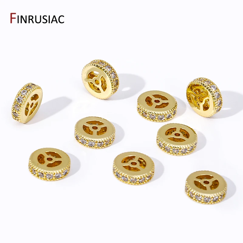 Trendy 18K Gold Plated Flat Spacer Beads Inlaid Zircon Separator Beads Loose Beads For DIY Jewelry Making Findings