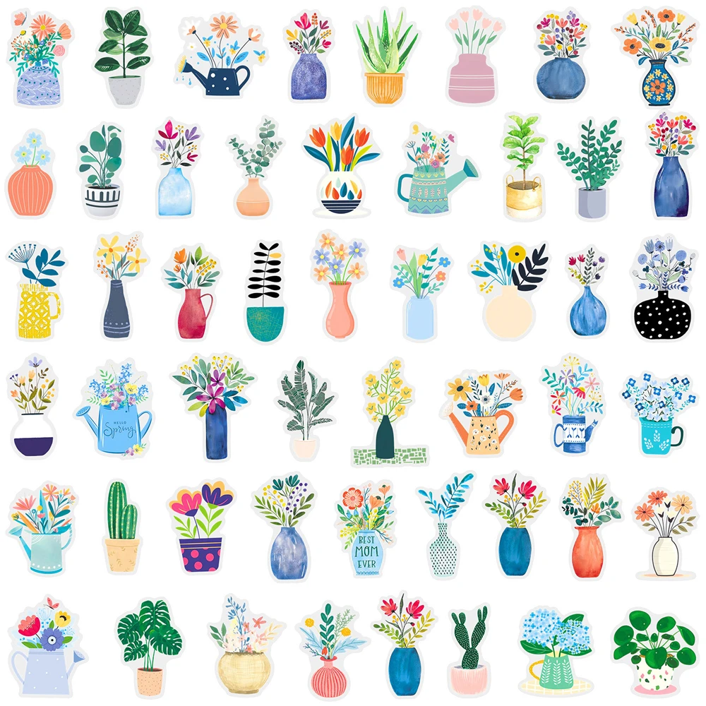 50/100Pcs Nordic Style Cartoon Plant Pot Stickers Waterproof PET Clear DIY for Phone Laptop Helmet Stationery Box Removable