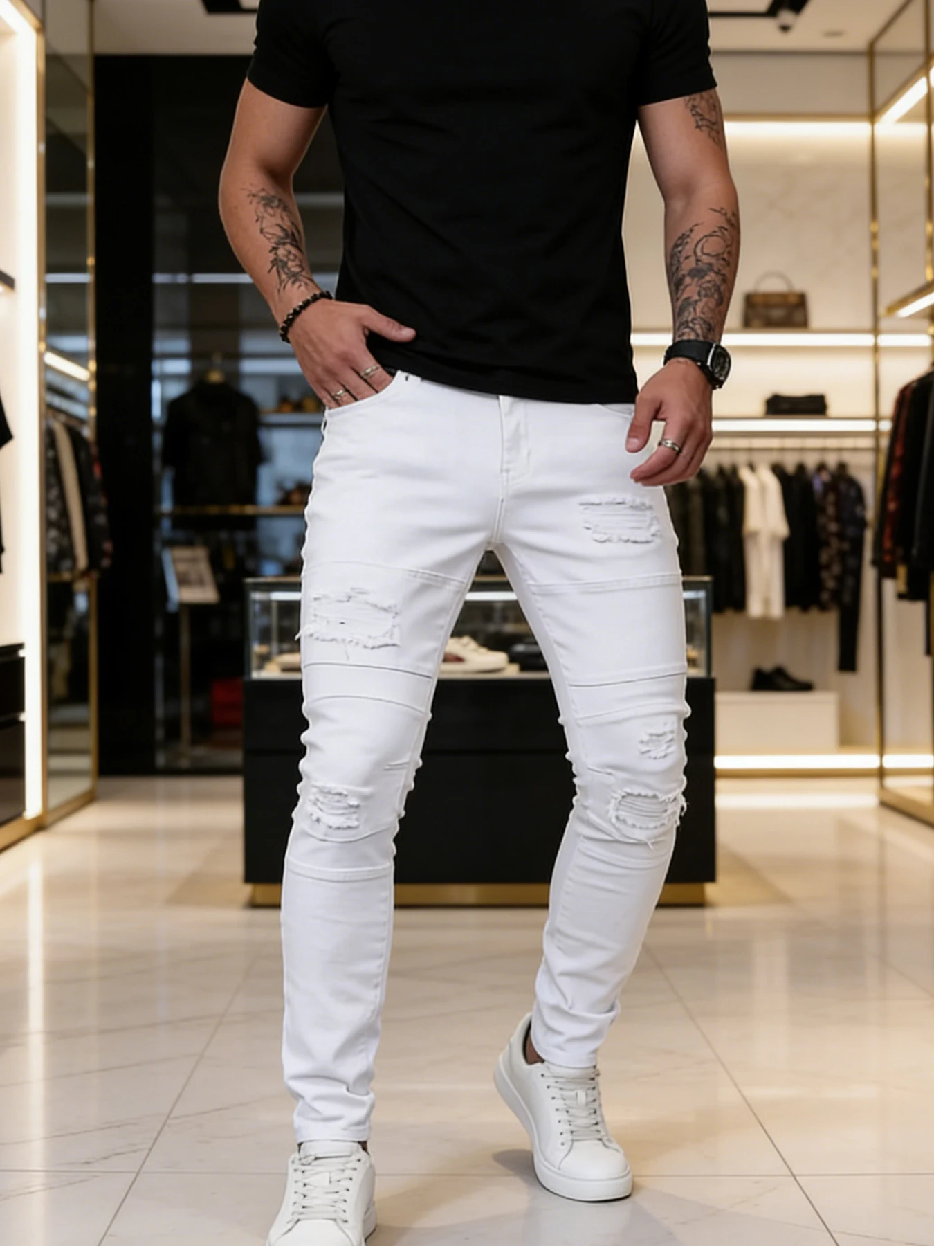 

Trendy street style white patched ripped jeans for men, stretchy slim fit, narrow leg, cool and versatile casual long pants
