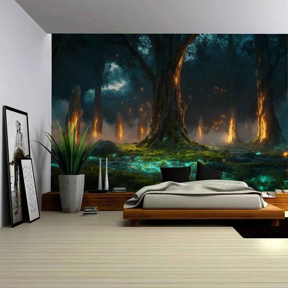 

Mysterious forest art tapestry wall hanging psychedelic glowing stone background poster home decoration bed sheet beach mat