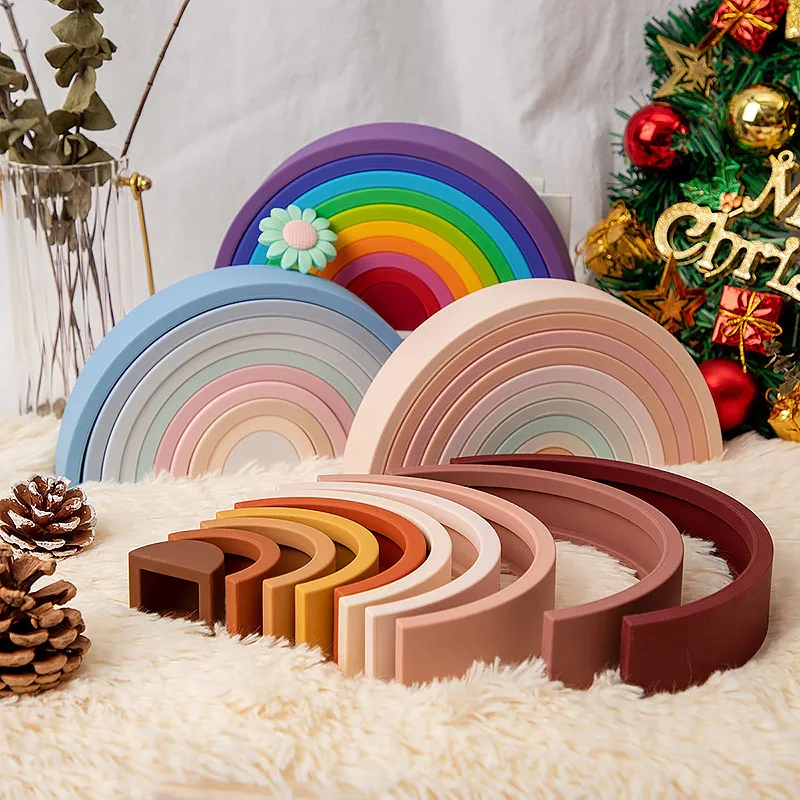 10pcs New Kids Montessori Arch Bridge Rainbow Building Blocks Silicone Toys Baby Early Education Color Cognitive Blocks Toy