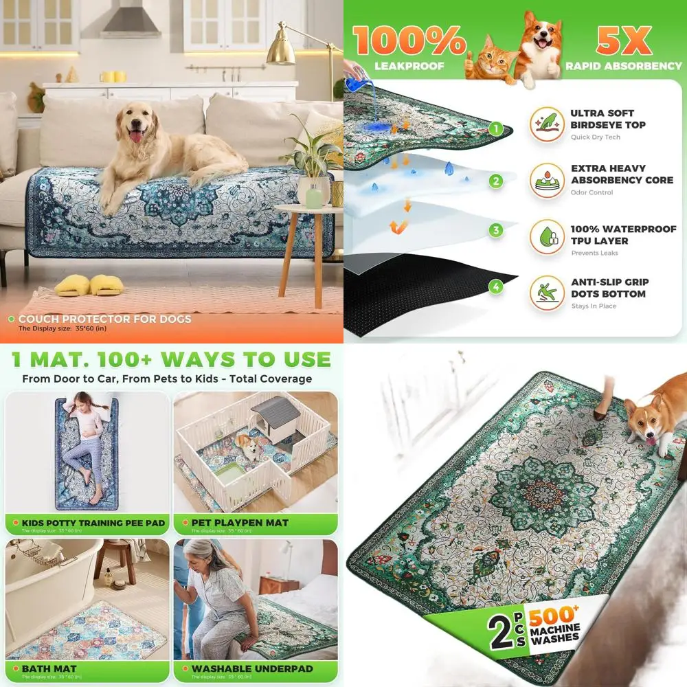 

Green 35x60 Washable Non-Slip Dog Potty Pads, 2-Pack for Easy Floor Cleaning