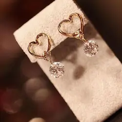 New Fashion Golden Love Heart Cutout Cute Pendant Zircon Earrings For Women Girl Accessories Jewelry Wholesale Small Gifts