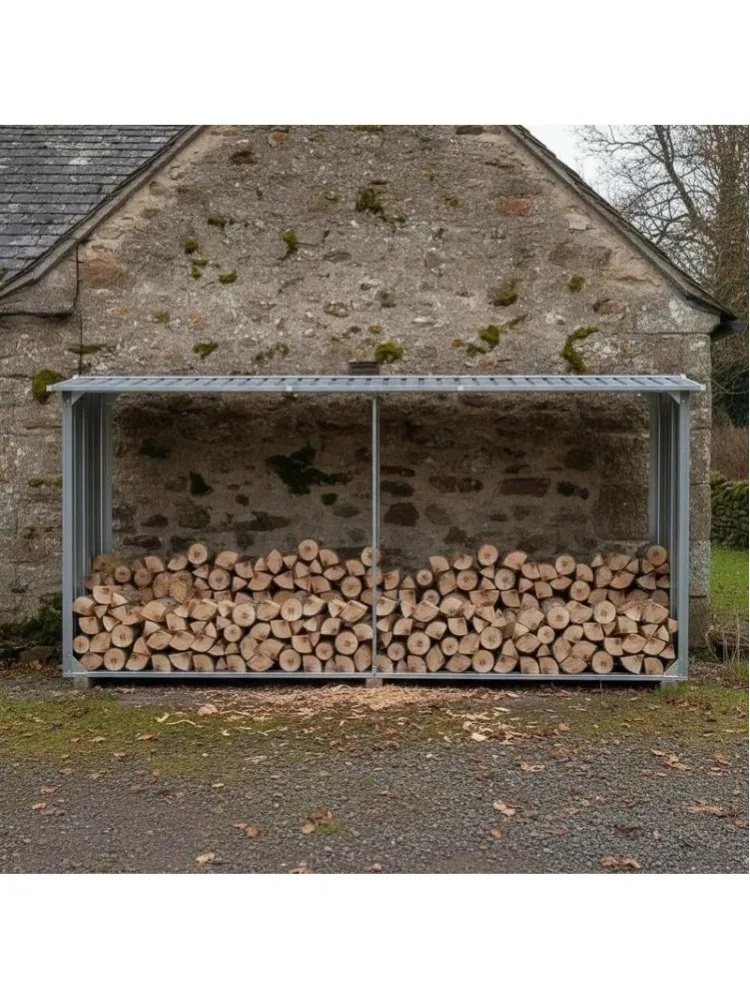 Graues Brennholzlager aus verzinktem Stahl, Maße 330×92×153 cm. Stabiler Rahmen mit Seitenrohren, erhöhter Boden für Belüftung, schräges Dach zur Regenablaufführung, rostbeständig, Montage