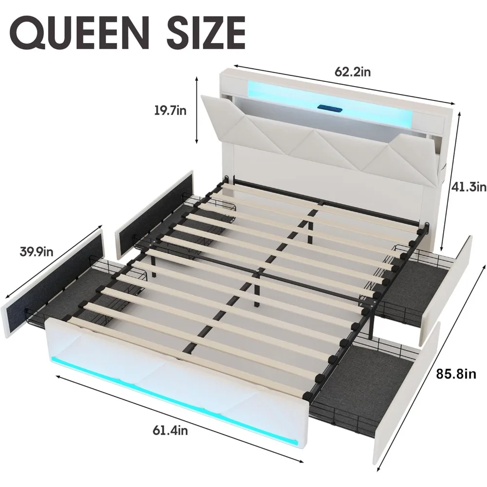 Queen Bed Frame with Storage Headboard and 4 Drawers, Upholstered Platform with Charging Station and Led Lights