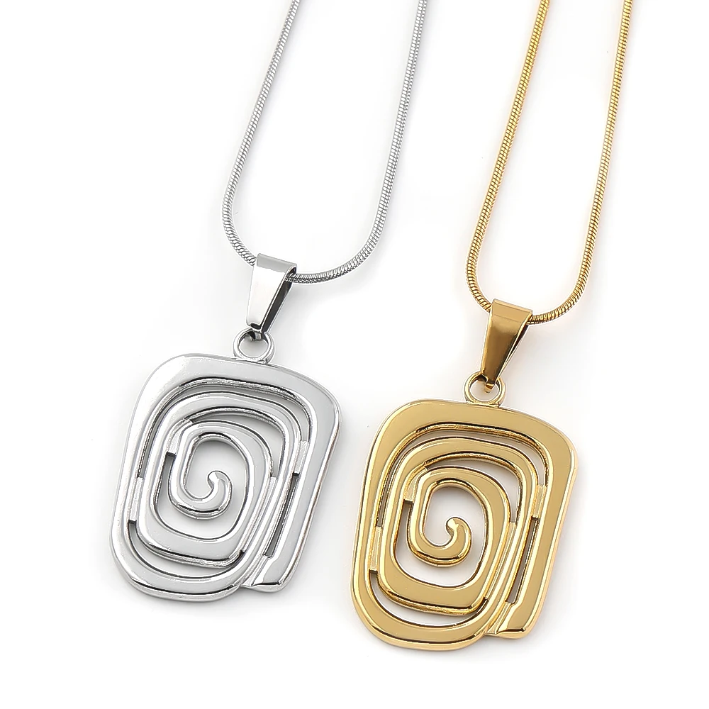 Stainless Steel Trendy Square Spiral Pendant Necklace for Women Men Gold Silver Color Aesthetic Vortex Charm Chain Jewelry Gift