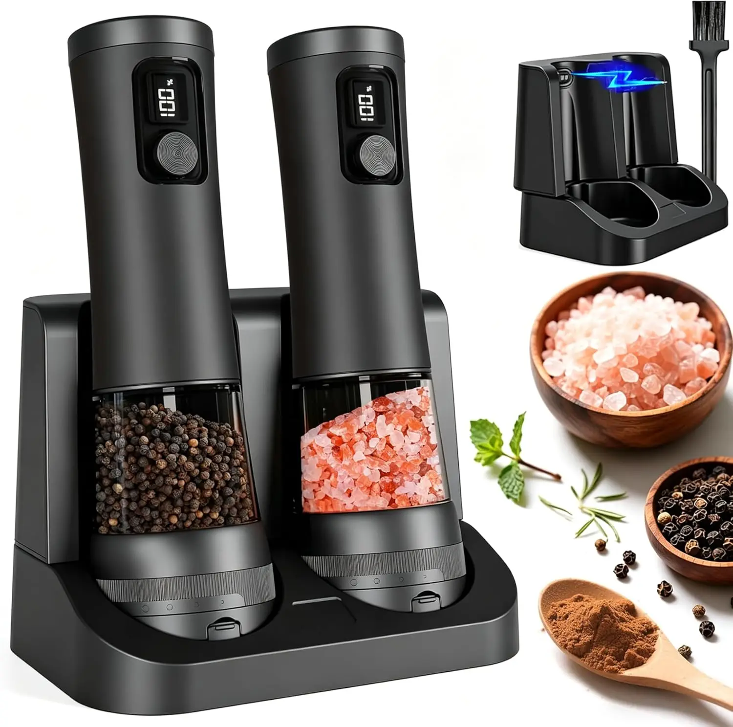 

Electric Salt & Pepper Grinder Set, Rechargeable Base, 5 Adjustable Coarseness, Stainless Steel, LED Light