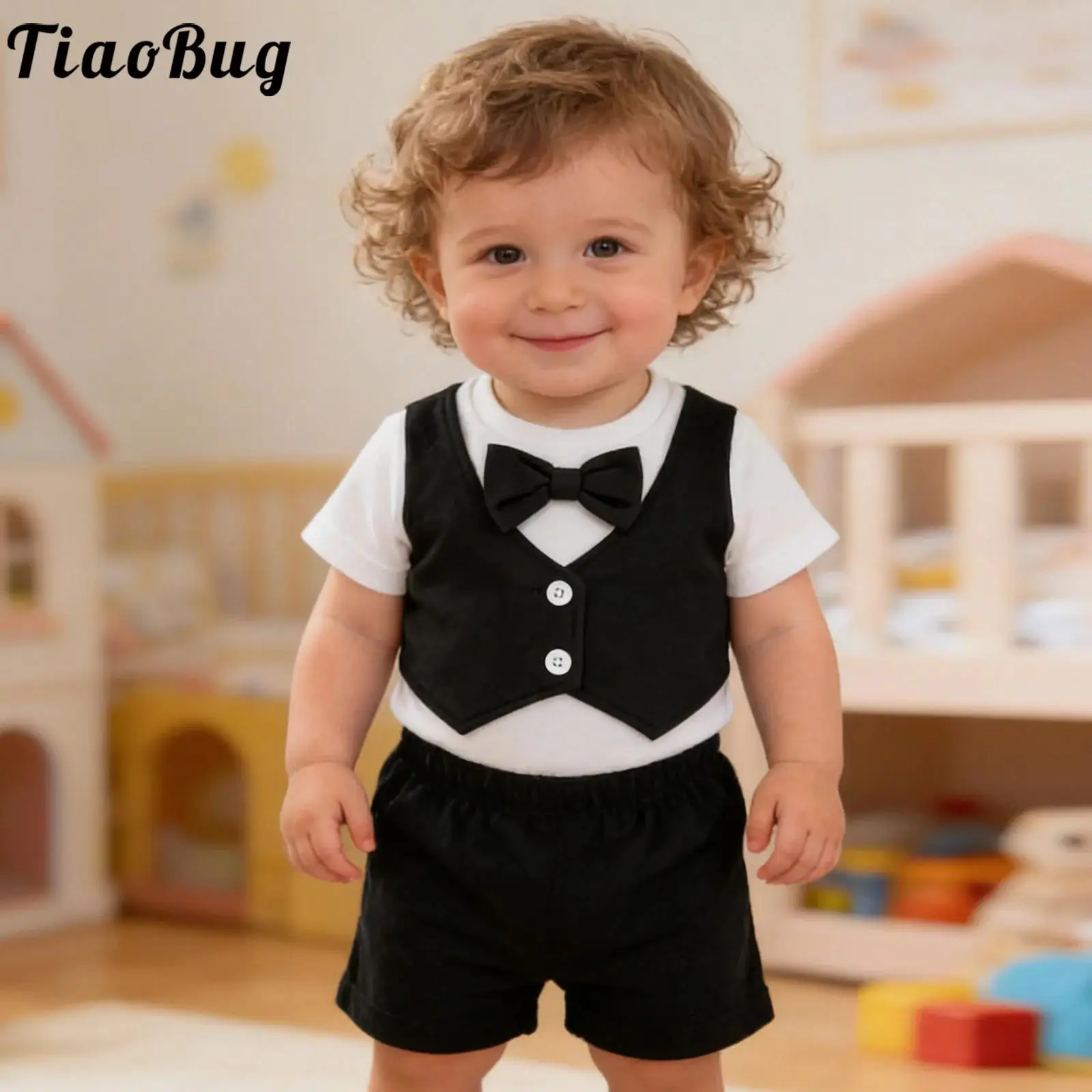 

Детские костюмы для мальчиков: джентльменский комплект с бантом, круглым вырезом, коротким рукавом, жилетом, комбинезоном и шортами, одежда для детей на свадьбу, день рождения, праздничные наряды