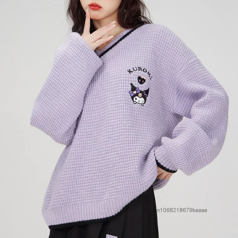 Sanrio Kuromi Pom Pom Purin My Melody Cinnamoroll Knitted Sweater College Style Soft Cute Sweet Embroidered Navy Collar Pullover