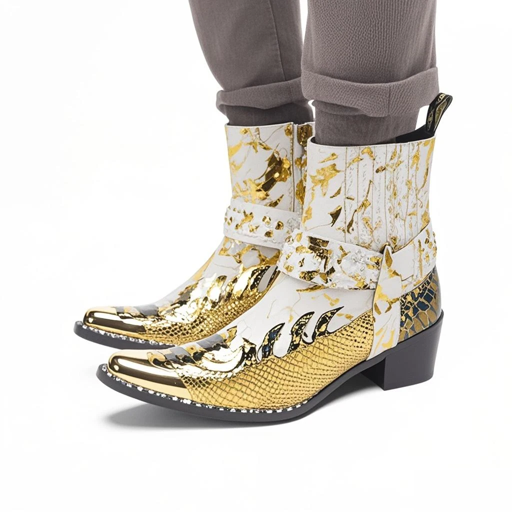Herren-Designer-Stiefeletten aus echtem Leder mit Metallspitze, Nieten-Dekor und Print, Übergrößen, Cowboy-Motorrad-Schuhe für Business – Detail 20
