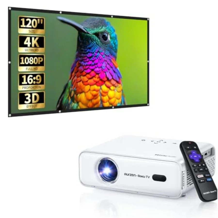 Roku TV Smart Projector with 120-Inch Projector Screen Bundle for Home Theater Black Frame with HD Resolution and Built-in Stre