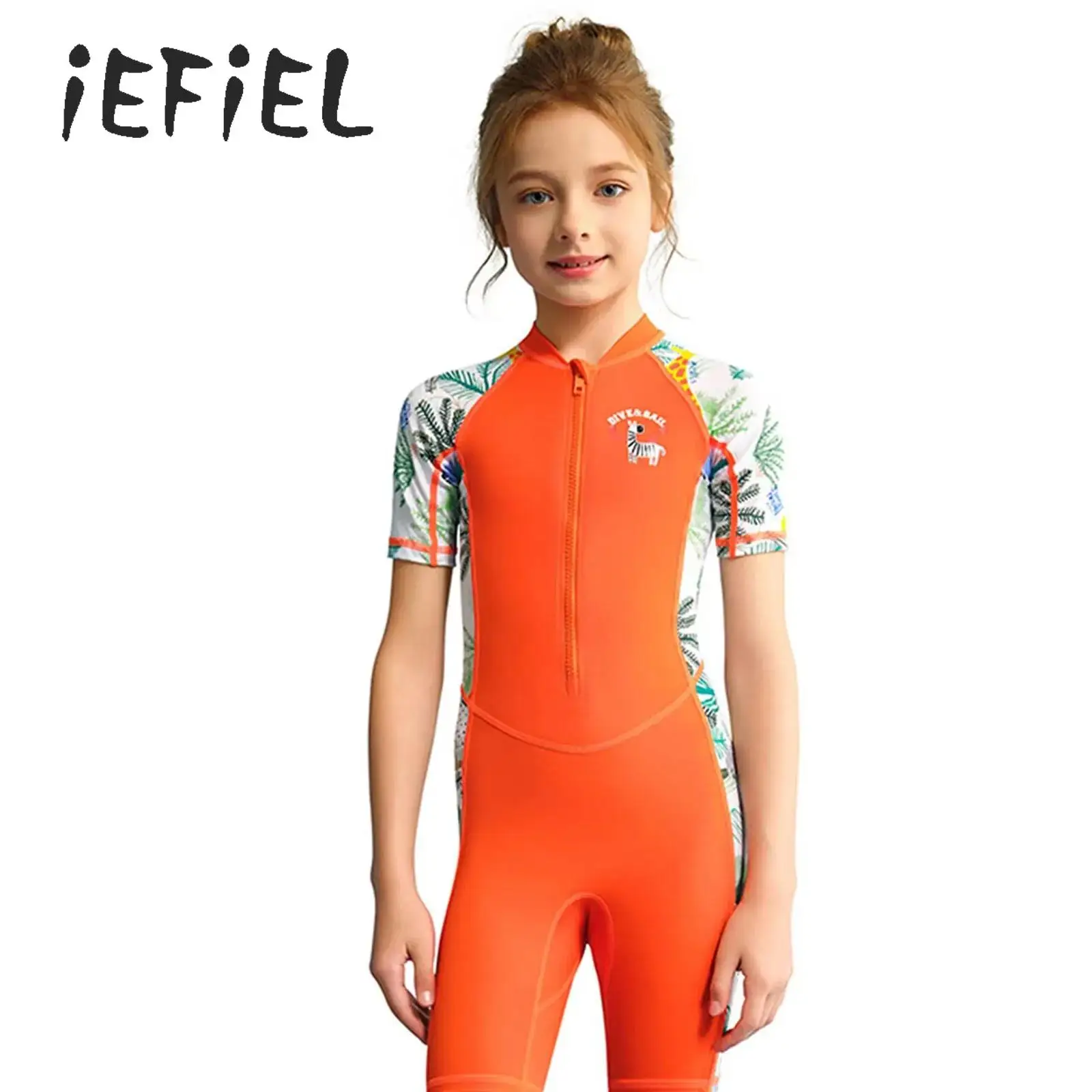 

Girls Short-sleeve Wetsuit Zip Up Sun-protection Quick-dry One-piece Swimsuit Swimming Training Snorkeling Surfing Diving Suits