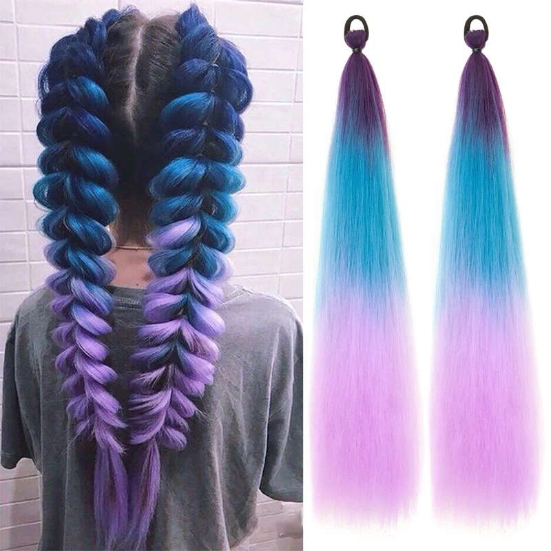 

2PCS 24Inch Synthetic Long Straight Ponytail with Elastic Hair Colorful Braiding Hair Ponytail Hair Extensions Hair Accessories