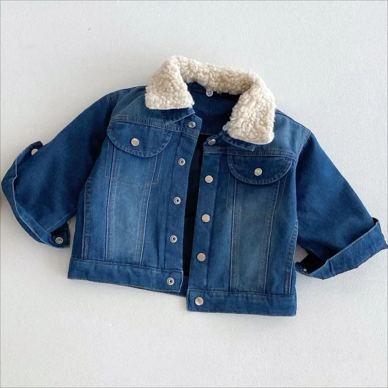 

Baby Boy Girl Casual Solid Color Fleece-Stitching Denim Jacket Children Long Sleeve Cotton Padded Lining Parkas Coats for Winter